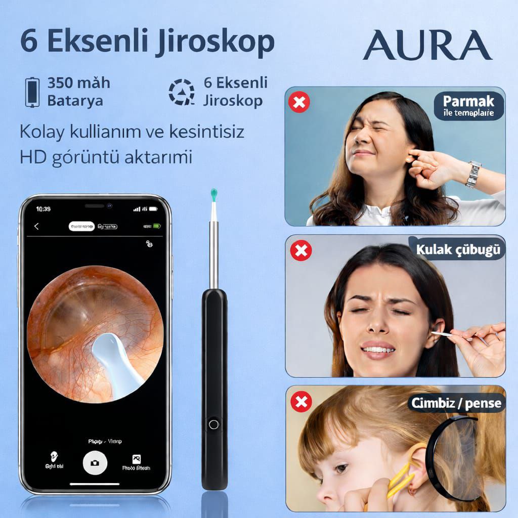 Auro N7 PRO 1296P HD Wi-Fi Otoskop Kamera | LED Işıklı Kulak Temizleme Seti